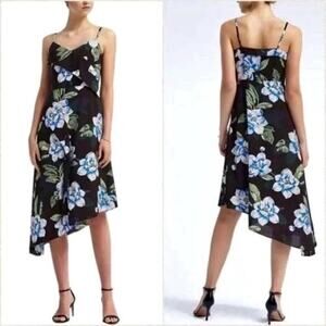 Banana Republic Strappy Black Floral Asymmetrical Dress Size 0 Blue Green Ruffle